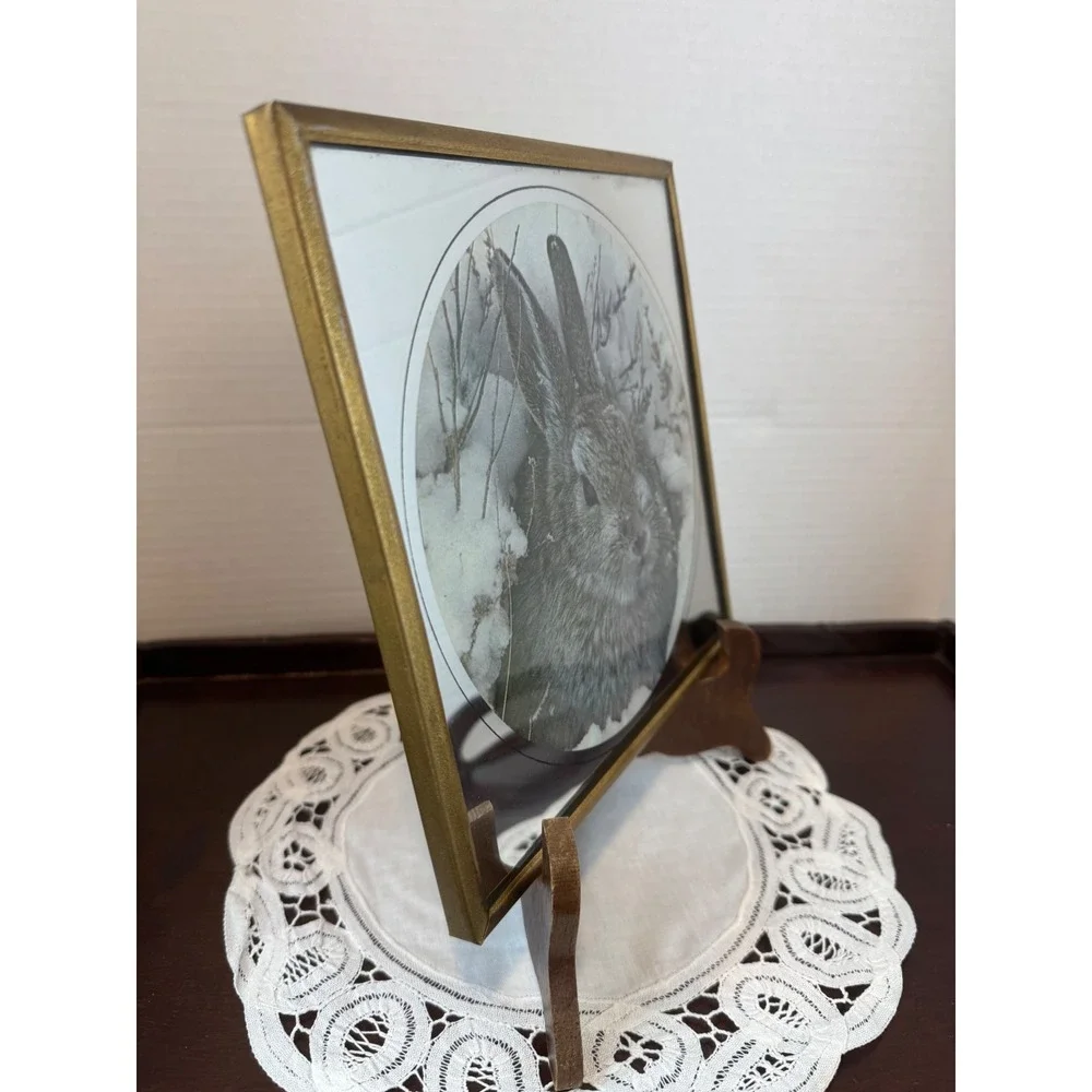 Vintage Etched Mirror Rabbit Art Gold Frame Bunny Snow Scene Nature Decor 8x8
